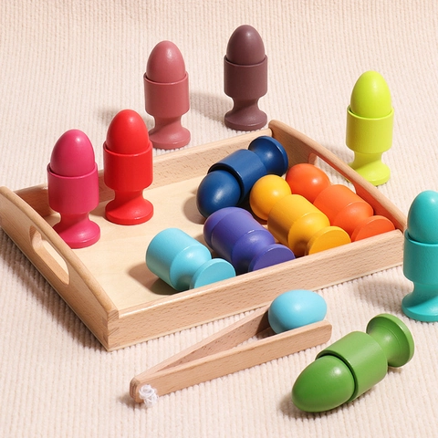 Montessori Wooden Color Sorting Toys Rainbow Egg Cups For Toddlers Early Learning Fine Motor Skills Training Preschool Education Gift