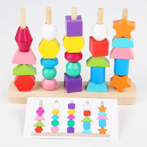 Montessori Wooden Sorting Stacking Toy Toddler Geometric Shape Color Recognition Bead Block Logic Card Early Learning Educational Toy