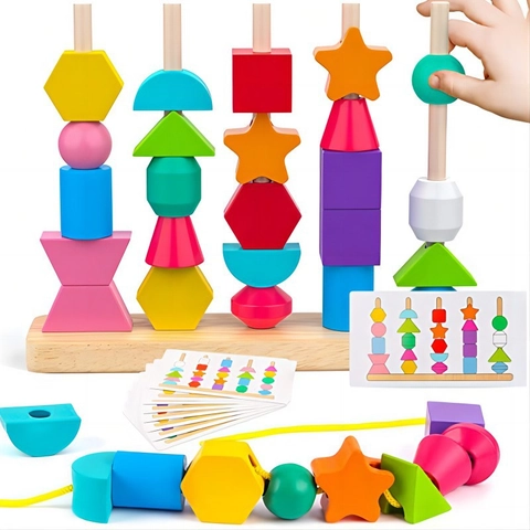 Montessori Wooden Sorting Stacking Toy Toddler Geometric Shape Color Recognition Bead Block Logic Card Early Learning Educational Toy