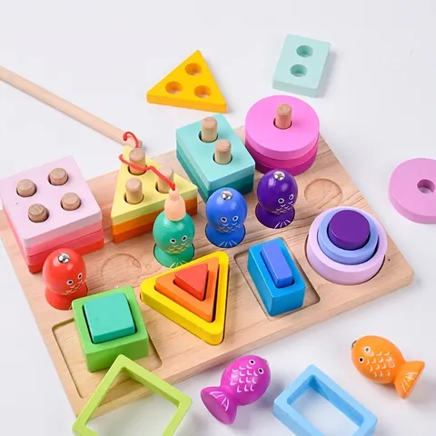 Montessori Giocattolo in Legno Gioco di Pesca Magnetica Forme Geometriche Blocchi Impilabili Giocattolo Educativo