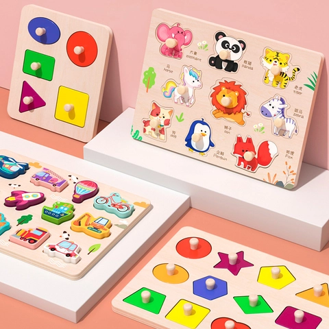 Wooden Montessori Peg Puzzle For Toddlers Early Learning Educational Shape Animal Vehicle Matching Board Bilingual Wood Toy