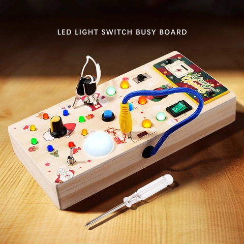 Christmas Montessori Wooden Busy Board LED Light Switch Sensory Board Fine Motor Skills Early Education Toy For Kids Gift