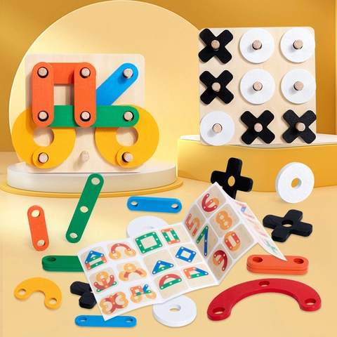 Wooden Montessori Geometric Puzzle Tic-Tac-Toe Game For Kids Educational Logic Thinking Training Building Blocks Toy