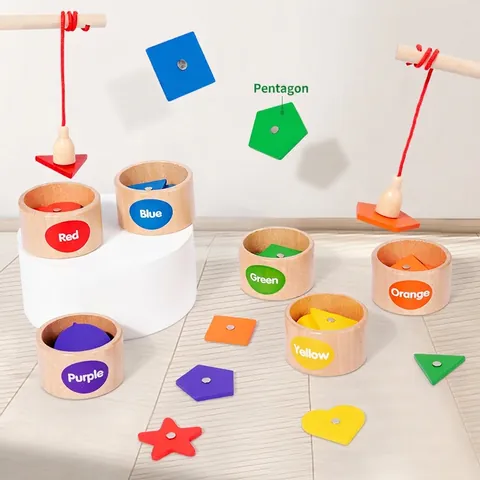 Houten Montessori Magnetische Vorm en Kleur Sorteren Beker Vissen Spel Speelgoed Voor Kinderen Vroeg Leren Geometrische Cognitie Puzzel Set