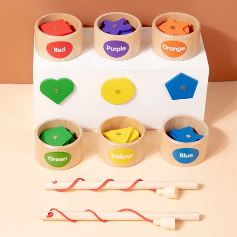 Houten Montessori Magnetische Vorm en Kleur Sorteren Beker Vissen Spel Speelgoed Voor Kinderen Vroeg Leren Geometrische Cognitie Puzzel Set