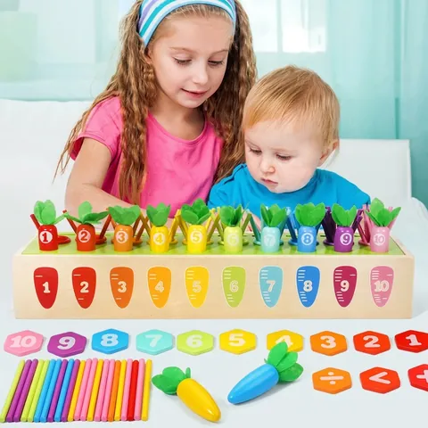 Montessori Wooden Carrot Pulling Math Toy Set Educational Counting Sticks Number Matching Game For Toddlers Kids Learning Toy
