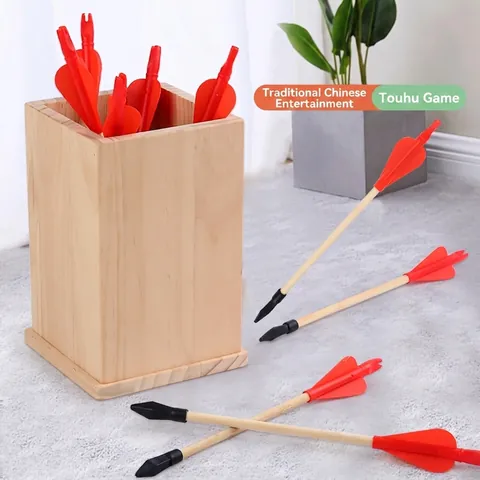 Traditional Chinese Wood Pitch-pot Game Set Educational Interaction Toy For Kids Adult Square Wooden Pot With Red Feather Arrows Indoor Outdoor Game