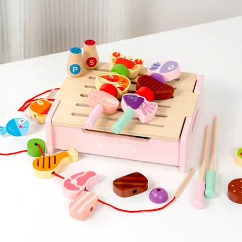 Giocattolo Barbecue in Legno per Bambini Set da Gioco di Simulazione Cibo da Cucina Giocattolo Educativo BBQ Barbecue per Giochi di Ruolo