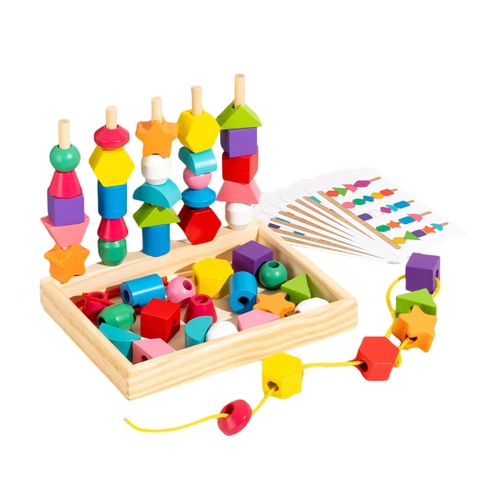 Giocattolo a Incastro e Allacciatura Geometrico in Legno Montessori Educativo Multicolore Forme e Colori Blocchi per Bambini