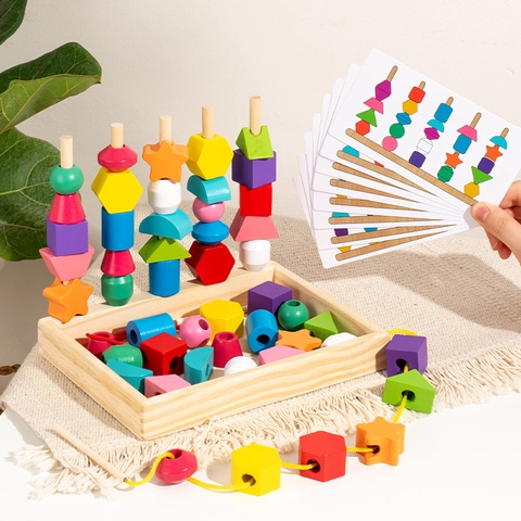 Giocattolo a Incastro e Allacciatura Geometrico in Legno Montessori Educativo Multicolore Forme e Colori Blocchi per Bambini