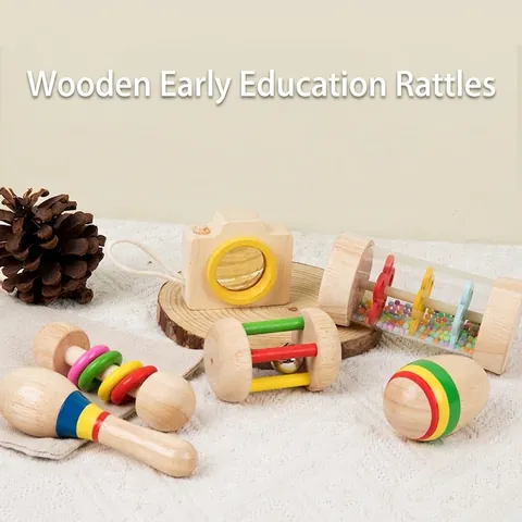 Montessori Wooden Baby Rattle Educational Musical Instrument Toys For Infants Grip Training Sensory Development Rainbow Wood Toy