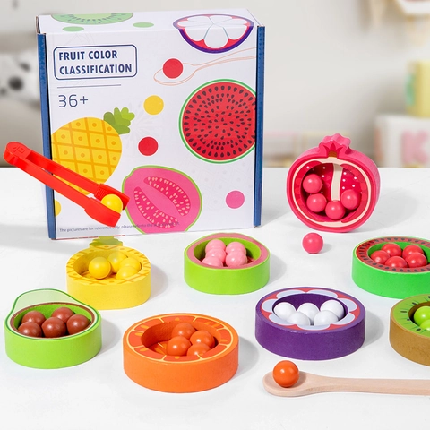 Set di Gioco Classificazione Colori Frutta in Legno Montessori Giocattolo Allenamento Abilità Motorie Con Ciotole Perline Cucchiaio