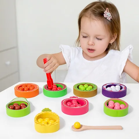 Set di Gioco Classificazione Colori Frutta in Legno Montessori Giocattolo Allenamento Abilità Motorie Con Ciotole Perline Cucchiaio