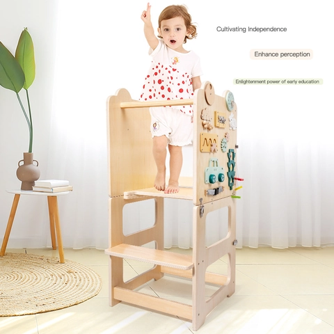 Hölzerner Montessori Lernturm Multifunktionaler Kleinkind Küchen Tritthocker Mit Busy Board Und Zeichentafel Für Kinder