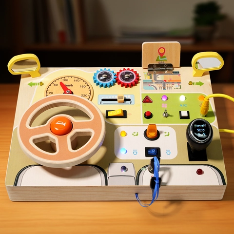 Montessori Holz Lenkrad Busy Board Mit LED Licht Simulation Auto Armaturenbrett Früherziehung Sensorik Spielzeug Für Kinder