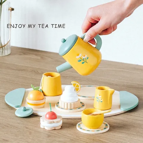 Set da Tè Pomeridiano di Simulazione in Legno per Bambini Motivo Margherita Gioco di Ruolo Cucina Giocattolo Giallo Verde per Bambina Bambino