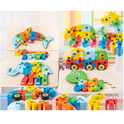 Puzzle 3D en Bois Pour Enfants Animaux Véhicules Correspondance des Nombres Jouet Éducatif Montessori Apprentissage Précoce
