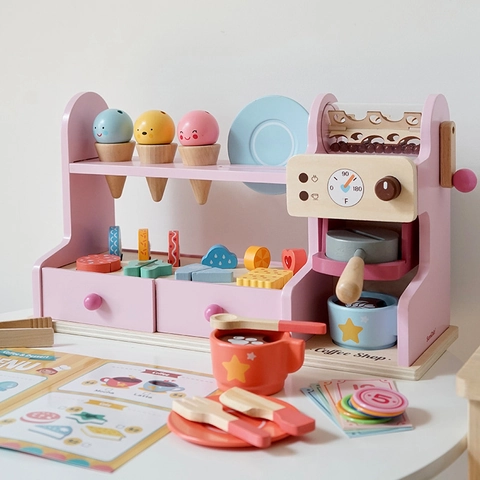 Giocattolo di Legno Combinazione Gelateria Caffetteria Cucina per Bambini Simulazione Gioco di Ruolo Giocattolo Educativo Regalo per Bambine Bambini