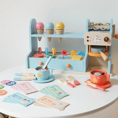 Giocattolo di Legno Combinazione Gelateria Caffetteria Cucina per Bambini Simulazione Gioco di Ruolo Giocattolo Educativo Regalo per Bambine Bambini