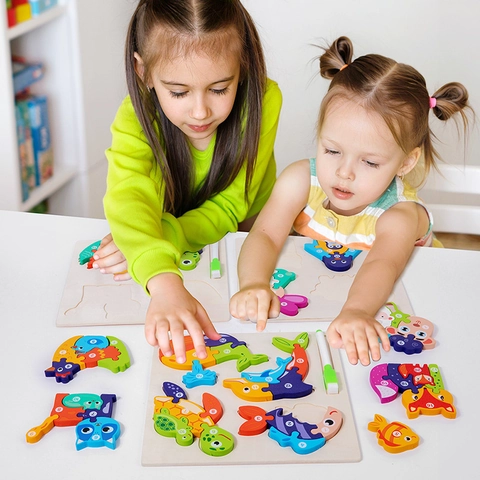Wooden Double Sided Animal Puzzle For Kids Early Education Digital Recognition Drawing Board With Pen Cartoon Toy