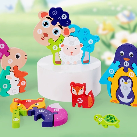 Wooden Double Sided Animal Puzzle For Kids Early Education Digital Recognition Drawing Board With Pen Cartoon Toy