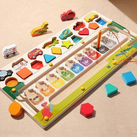 Tavola Labirinto Magnetico Multifunzionale in Legno Smistamento Colori Numeri Forme Veicoli Gioco Puzzle Educativo Montessori