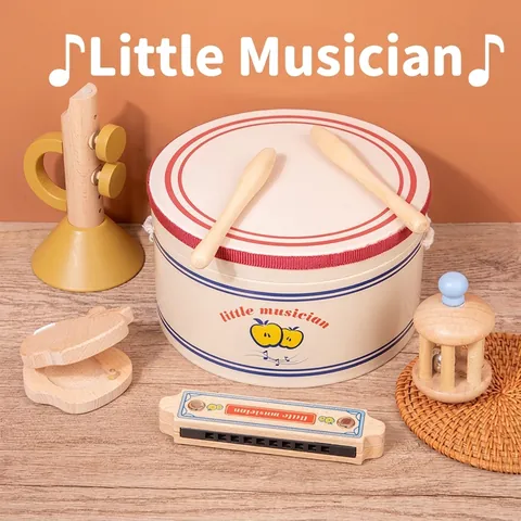 Set di Strumenti Musicali in Legno Giocattolo per Bambini Educazione Precoce Tamburo Armonica Tromba Campanello Nacchere Regalo