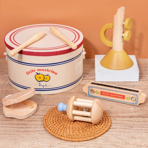 Set di Strumenti Musicali in Legno Giocattolo per Bambini Educazione Precoce Tamburo Armonica Tromba Campanello Nacchere Regalo