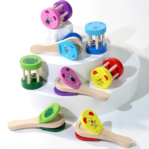 Wooden Baby Rattle Cartoon Animal Castanet Musical Educational Toy For Toddlers Hand Percussion Instrument Gift For Infants