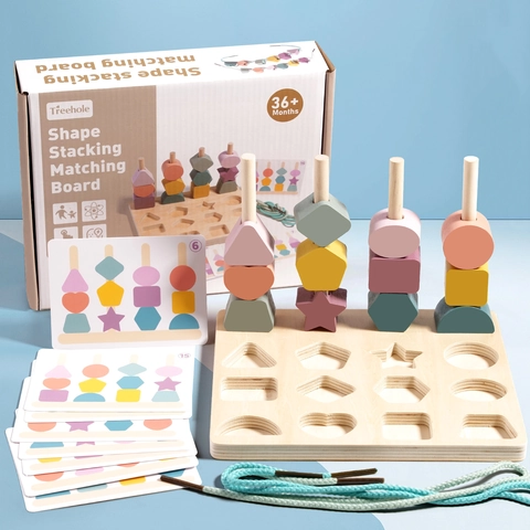 Juguete Montessori de Madera para Clasificar y Apilar Formas para Niños Reconocimiento de Colores Bloques para Enhebrar Regalo de Aprendizaje Temprano