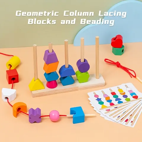 Educational Wooden Five Column Stacking Toy Geometric Shapes Color Recognition Building Blocks Stringing Toy For Kids Montessori Learning Toy