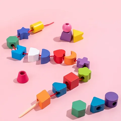 Educational Wooden Five Column Stacking Toy Geometric Shapes Color Recognition Building Blocks Stringing Toy For Kids Montessori Learning Toy