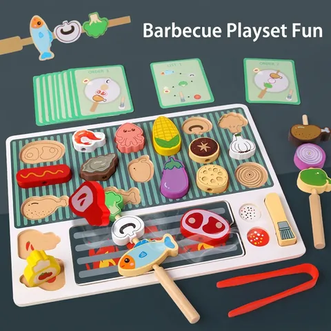 Kids Wooden Simulation BBQ Grill Toy Set Montessori Role Play Pretend Play Kitchen Food Toy For Toddlers Educational Gift