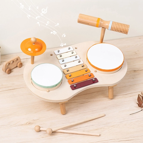 Tavolo Musicale Multifunzionale per Bambini in Legno Con Xilofono Tamburi Piatti per l'Educazione Musicale Precoce