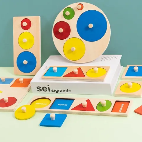 Montessori Wooden Geometric Shape Puzzle Board Early Learning Educational Toy With Grip Handles Toddler Fine Motor Skills Training Activity