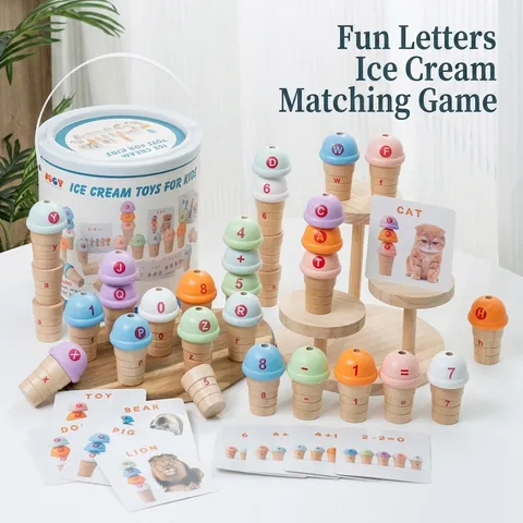 Set di Giocattoli in Legno per Gelato Montessori Gioco di Abbinamento Numeri Lettere Matematica per Bambini Regalo Educativo