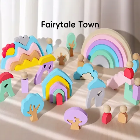 Costruzioni in Legno Arcobaleno Città delle Fiabe Macaron Montessori Educazione Sviluppo Abilità Motorie Fine Giochi per Bambini