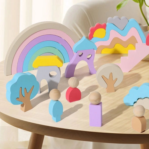 Costruzioni in Legno Arcobaleno Città delle Fiabe Macaron Montessori Educazione Sviluppo Abilità Motorie Fine Giochi per Bambini