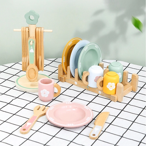 Set di Stoviglie in Legno per Bambini Giocattoli da Cucina Montessori per Ragazze Ragazzi Gioco di Ruolo Educativo Cibo