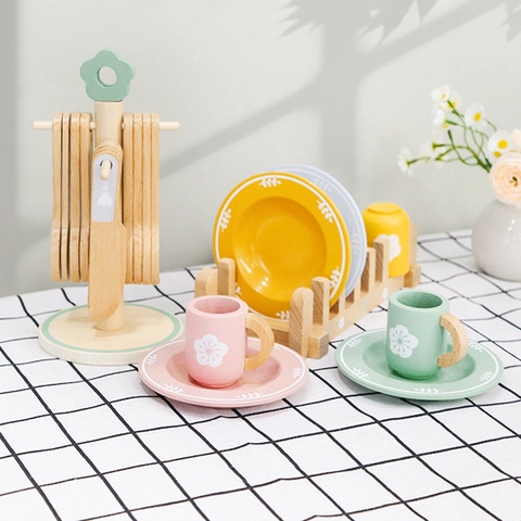Set di Stoviglie in Legno per Bambini Giocattoli da Cucina Montessori per Ragazze Ragazzi Gioco di Ruolo Educativo Cibo