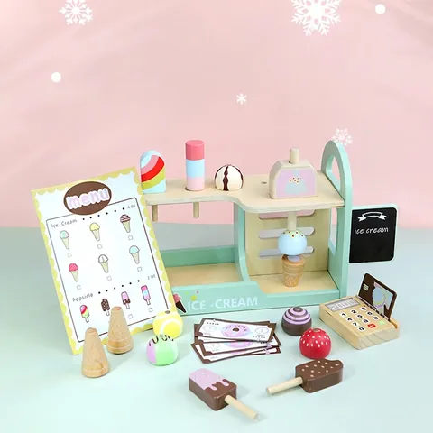 Wooden Ice Cream Shop Toy Children Montessori Simulation Dessert Kit With Registration Machine Macaron Colored Educational Gift