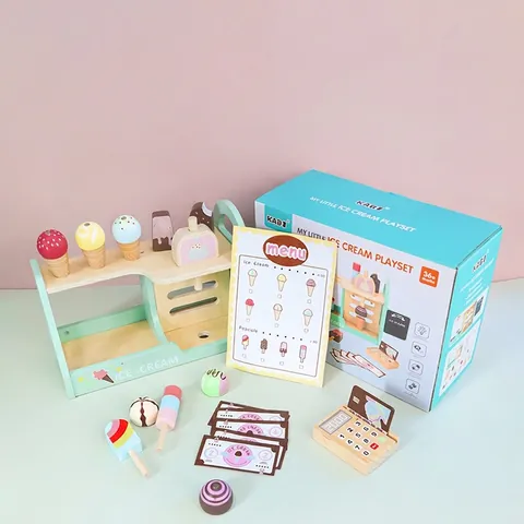 Wooden Ice Cream Shop Toy Children Montessori Simulation Dessert Kit With Registration Machine Macaron Colored Educational Gift