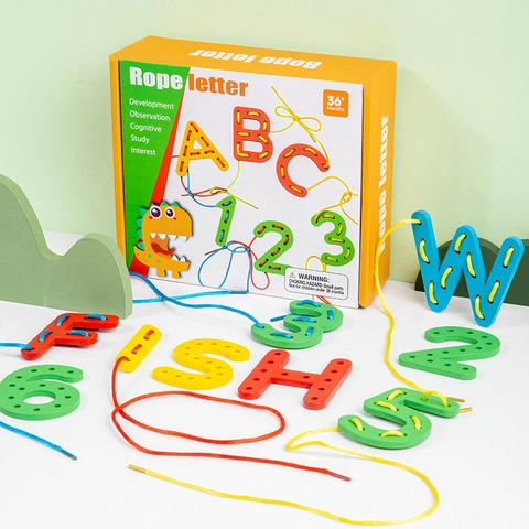 Wooden Alphabet And Number Threading Toy Montessori Educational Blocks Fine Motor Skills Training Early Learning Toy For Kids