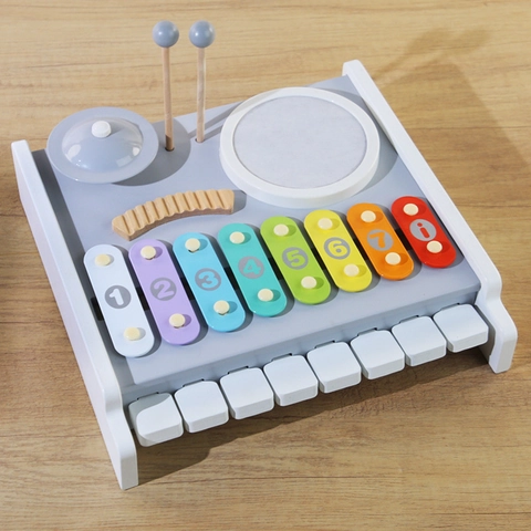 Stazione Musicale Multifunzionale in Legno Giocattolo Pianoforte Xilofono Batteria per Bambini Giocattolo per l'Educazione Musicale