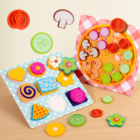 Set di Giocattoli in Legno per Bambini Simulazione Pizza Biscotto Puzzle Educativo di Abbinamento Forme Gioco di Ruolo