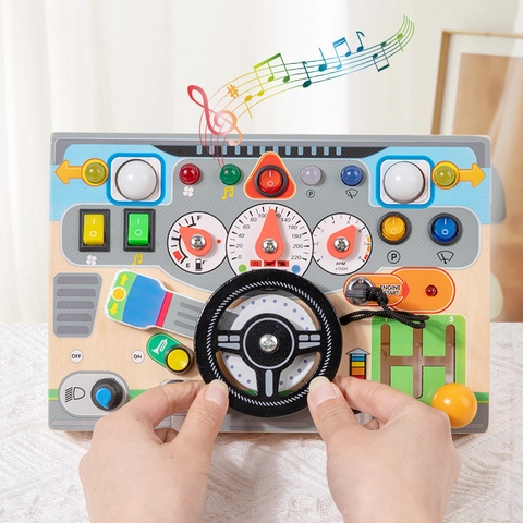 Busy Board Elettronica in Legno Volante Giocattolo per Bambini Montessori Simulazione di Guida Cruscotto Centro Attività di Apprendimento