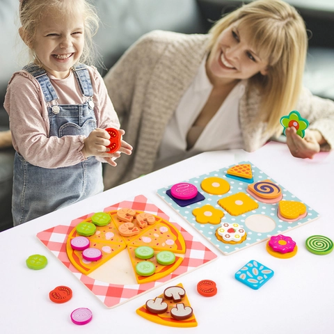 Set di Giocattoli in Legno per Bambini Simulazione Pizza Biscotto Puzzle Educativo di Abbinamento Forme Gioco di Ruolo