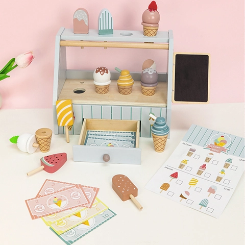 Wooden Montessori Ice Cream Shop Toy Pretend Play Kitchen Simulation Food Store Macaron Color Educational Role Play Toy
