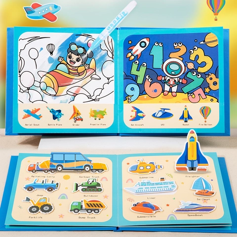 Montessori Busy Book Libro da Disegno riutilizzabile per Pittura ad Acqua Tema Animale Traffico Libro Educativo per Bambini