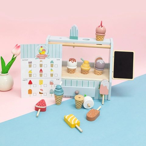 Wooden Montessori Ice Cream Shop Toy Pretend Play Kitchen Simulation Food Store Macaron Color Educational Role Play Toy